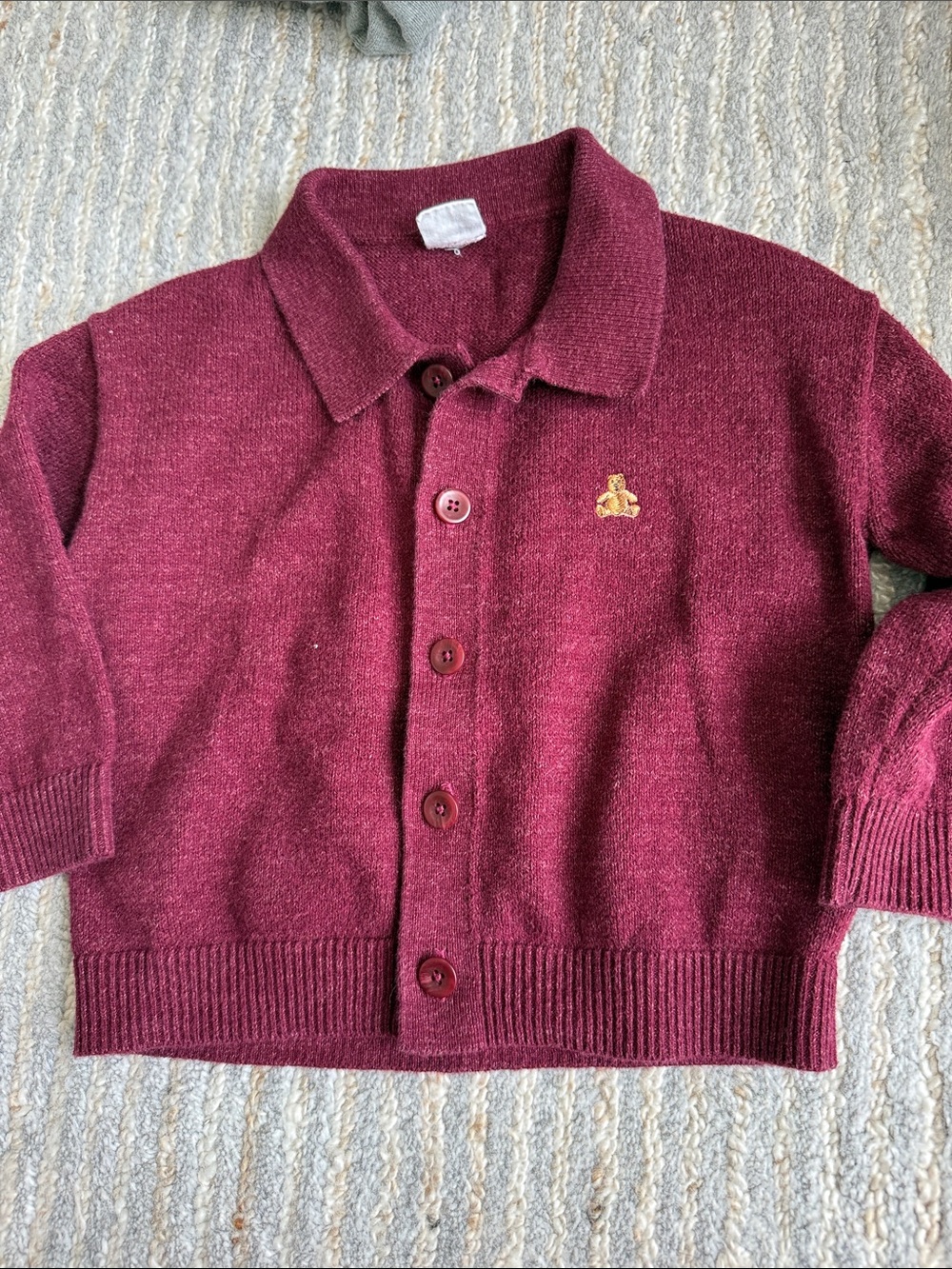Boys Baby GAP Burgundy Knit Button-Up Cardigan with Teddy Patch